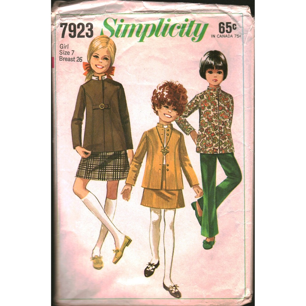 Vintage 1968 Simplicity 7923 Girls‎ Nehru Jacket Skirt Bell Bottom Pants Size 7
